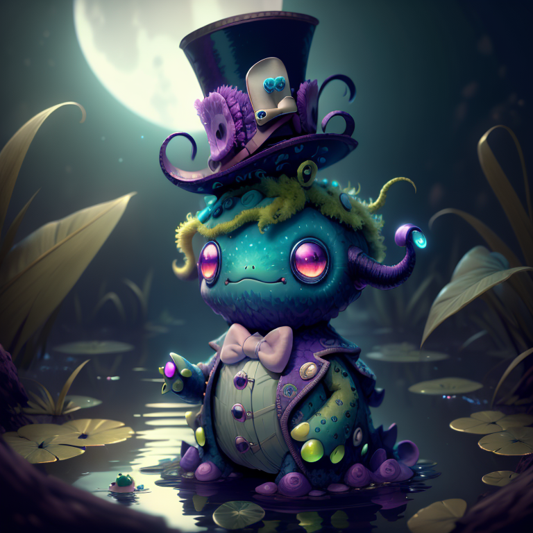 385519-2374389463-_lora_BugattiAI_0.85_,cu73cre4ture cute (green_1.2) blue purple cthulhu moss monster (wearing a top hat and suit_1.3) in a swamp.png